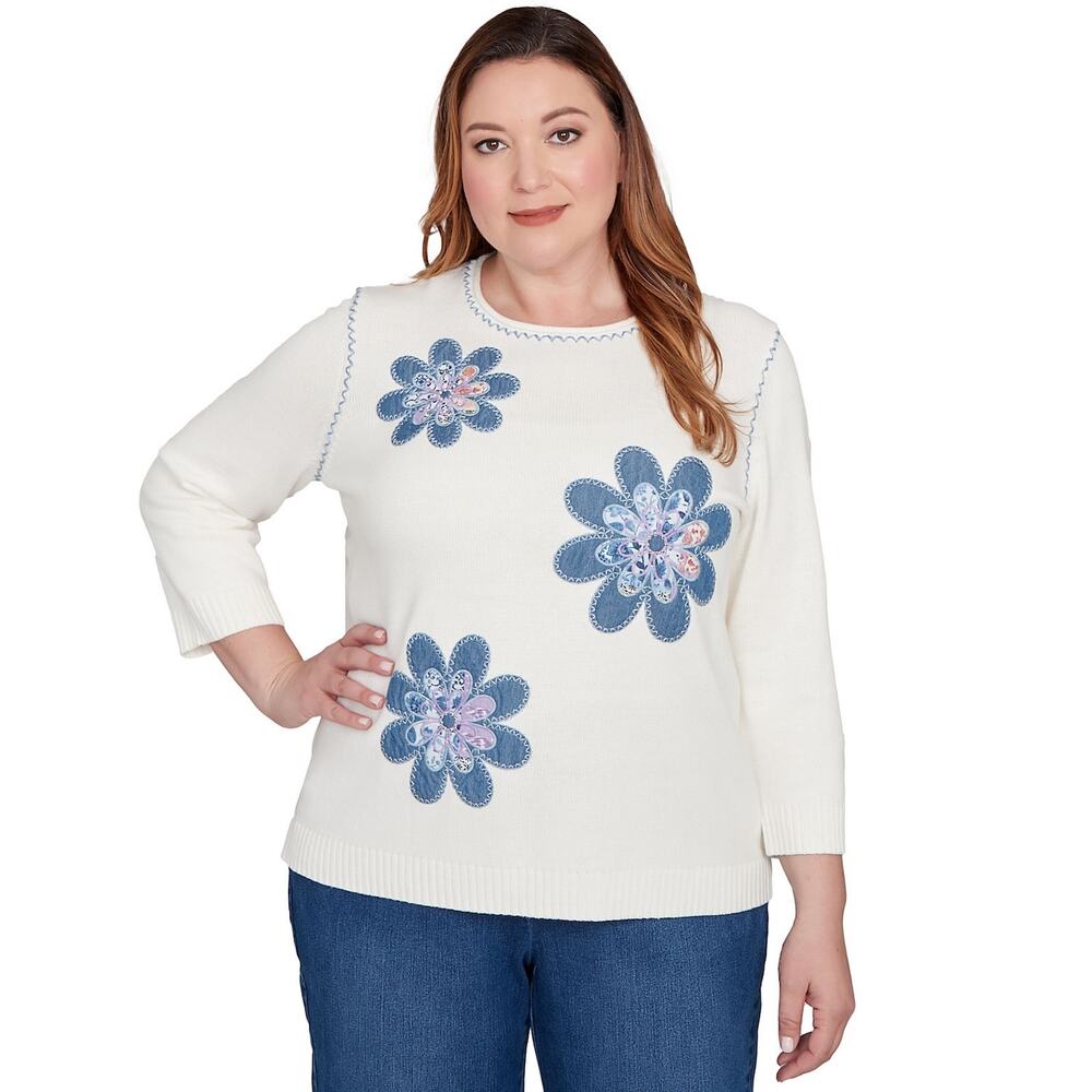 Alfred Dunner Quilted Denim Applique Flower Sweater y2k patchwork petite medium